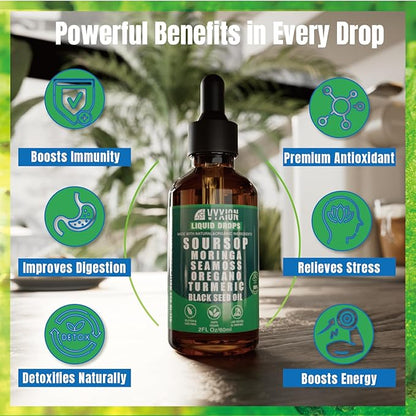 Soursop Bitters Liquid Drops 10 in 1 with Sea Moss, Moringa, Turmeric, Black Seed Oil, Oregano, Ashwagandha