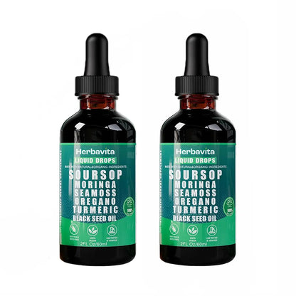 Soursop Bitters Liquid Drops 10 in 1 with Sea Moss, Moringa, Turmeric, Black Seed Oil, Oregano, Ashwagandha