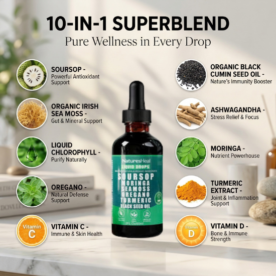 Soursop Bitters Liquid Drops 10 in 1 with Sea Moss, Moringa, Turmeric, Black Seed Oil, Oregano, Ashwagandha