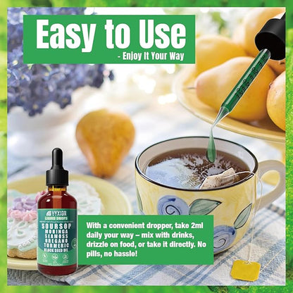 Soursop Bitters Liquid Drops 10 in 1 with Sea Moss, Moringa, Turmeric, Black Seed Oil, Oregano, Ashwagandha